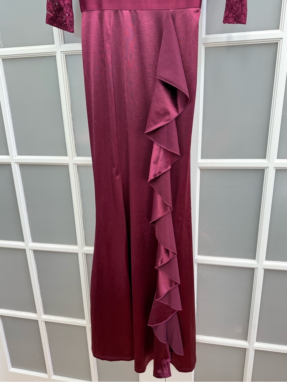 MISSMAY Women's Maroon Floral Lace Sequins Ruffle Evening Maxi Dress S ( 4-6) - Picture 8 of 14